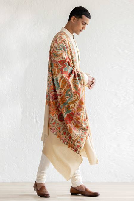 Qbik_Beige Sherwani Pashmina Stole Embroidery Kashmiri Talq Set_Online_at_Aza_Fashions