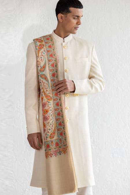 Buy_Qbik_Beige Sherwani Pashmina Stole Embroidery Kashmiri Talq Set_Online_at_Aza_Fashions