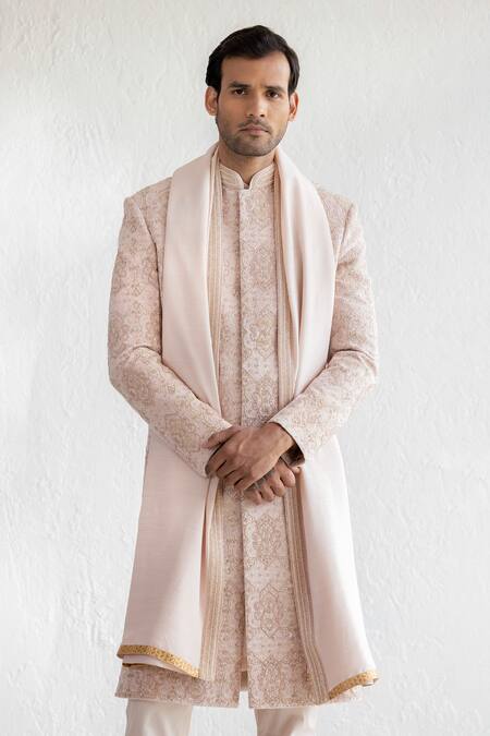 Qbik_Pink Sherwani Embossed Velvet Embroidered Floral Absham Set_Online_at_Aza_Fashions