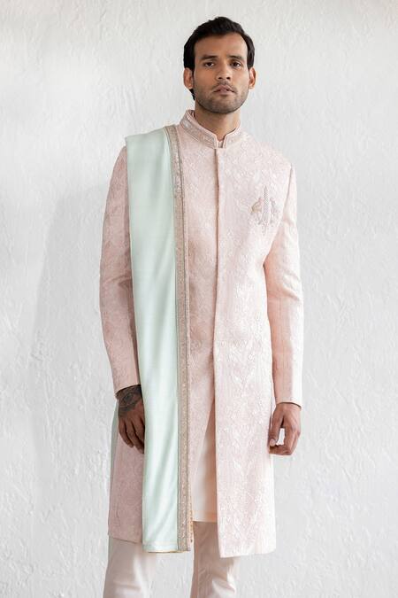 Qbik Pink Georgette, , Silk, Satin Embroidery Thread Sherwani Set Online at Aza Fashions Qbik_Pink Georgette, , Silk, Satin Embroidery Thread Sherwani Set_Online_at_Aza_Fashions