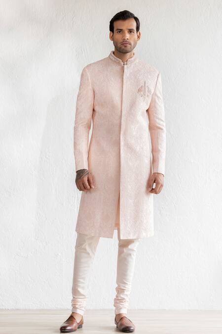 Buy Qbik Pink Georgette, , Silk, Satin Embroidery Thread Sherwani Set Online at Aza Fashions Buy_Qbik_Pink Georgette, , Silk, Satin Embroidery Thread Sherwani Set_Online_at_Aza_Fashions