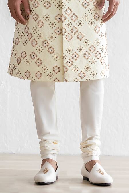 Buy_Qbik_Cream Cotton Satin, Jacquard Embroidery, Sheesh Mahal French Knot Sherwani Set_Online_at_Aza_Fashions
