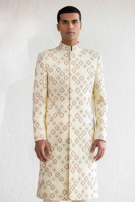 Qbik_Cream Cotton Satin, Jacquard Embroidery, Sheesh Mahal French Knot Sherwani Set_Online_at_Aza_Fashions