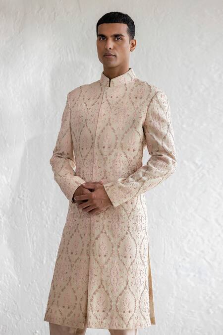 Qbik_Beige Sherwani Kashmiri Wool Floral Farheen Set_Online_at_Aza_Fashions