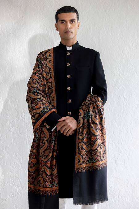 Buy_Qbik_Black Sherwani Viscose Wool Hifazat Button Placket Set_Online_at_Aza_Fashions