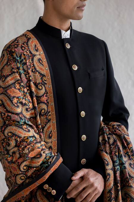 Shop_Qbik_Black Sherwani Viscose Wool Hifazat Button Placket Set_Online_at_Aza_Fashions