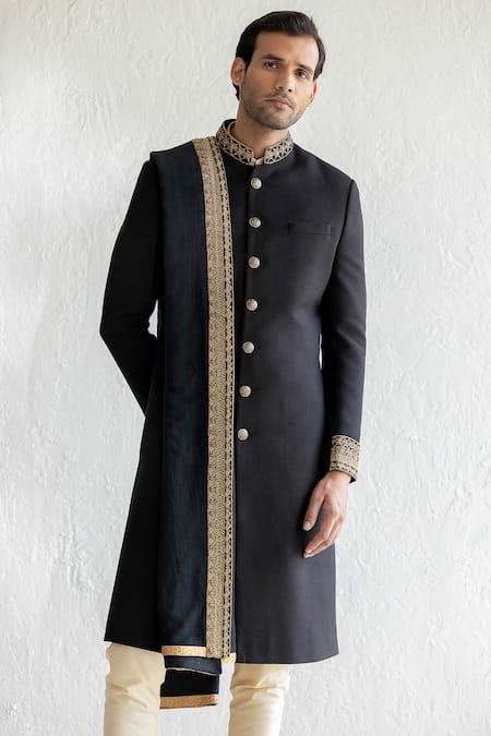 Buy_Qbik_Black Sherwani Matka Cotton Placement Embroidery Flower Nabi Collar Set_Online_at_Aza_Fashions