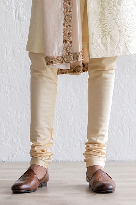 Qbik_Cream Sherwani Self Design Jameel Set_Online_at_Aza_Fashions