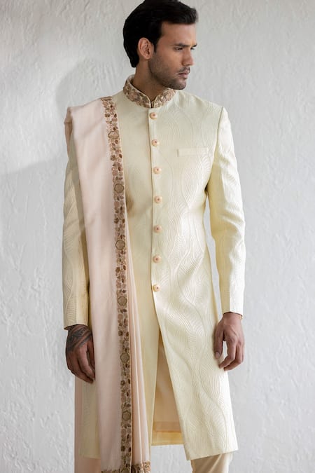 Buy_Qbik_Cream Sherwani Self Design Jameel Set_Online_at_Aza_Fashions