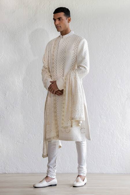 Qbik_Ivory Sherwani Lucknawi Embroidered Georgette Mukaish Jazam Set_Online_at_Aza_Fashions