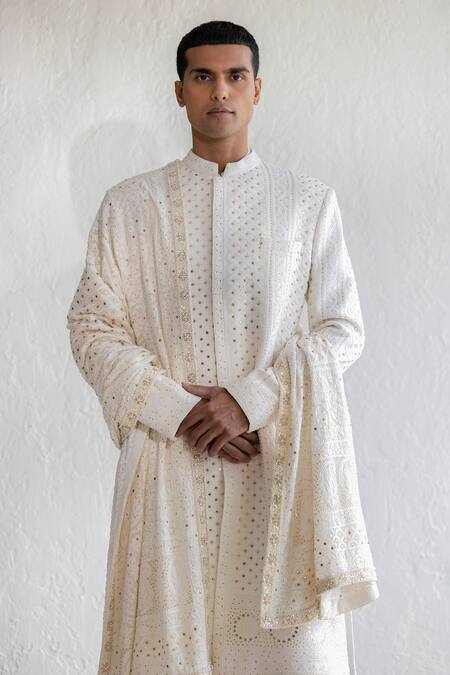 Buy_Qbik_Ivory Sherwani Lucknawi Embroidered Georgette Mukaish Jazam Set_Online_at_Aza_Fashions