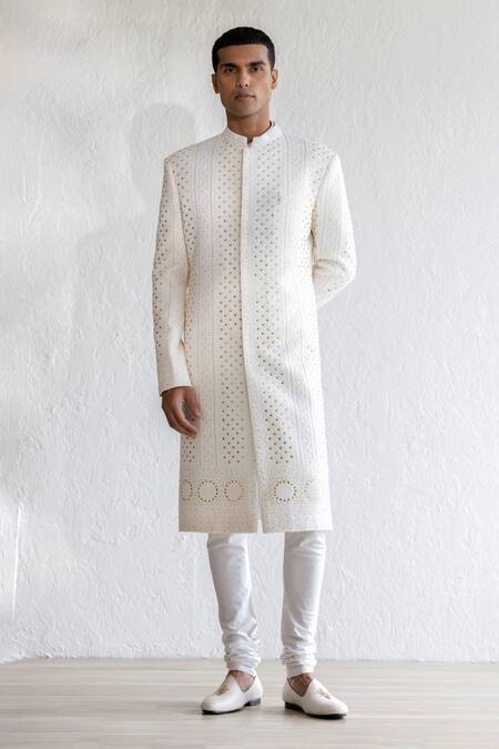 Qbik_Ivory Sherwani Lucknawi Embroidered Georgette Mukaish Jazam Set_at_Aza_Fashions