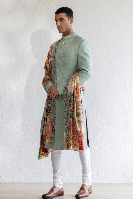 Buy Qbik Green Jacquard, Cotton, Silk, Wool Maqbul Sherwani Set With Darbar Stole Online at Aza Fashions Buy_Qbik_Green Jacquard, Cotton, Silk, Wool Maqbul Sherwani Set With Darbar Stole_Online_at_Aza_Fashions