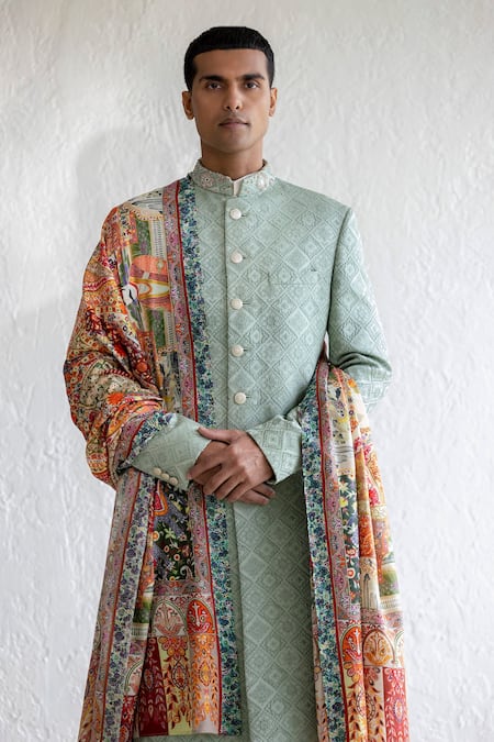 Shop Qbik Green Jacquard, Cotton, Silk, Wool Maqbul Sherwani Set With Darbar Stole Online at Aza Fashions Shop_Qbik_Green Jacquard, Cotton, Silk, Wool Maqbul Sherwani Set With Darbar Stole_Online_at_Aza_Fashions