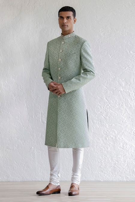 Qbik Green Jacquard, Cotton, Silk, Wool Maqbul Sherwani Set With Darbar Stole at Aza Fashions Qbik_Green Jacquard, Cotton, Silk, Wool Maqbul Sherwani Set With Darbar Stole_at_Aza_Fashions