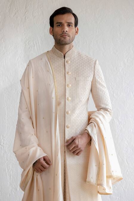 Qbik_Beige Silk, Chanderi, Cotton Satin, Saheb Kiran Dori Embroidered Sherwani Set_Online_at_Aza_Fashions