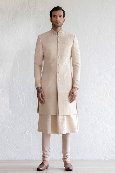 Buy_Qbik_Beige Silk, Chanderi, Cotton Satin, Saheb Kiran Dori Embroidered Sherwani Set_Online_at_Aza_Fashions