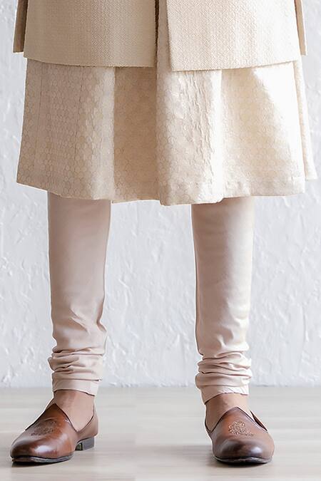 Shop_Qbik_Beige Silk, Chanderi, Cotton Satin, Saheb Kiran Dori Embroidered Sherwani Set_Online_at_Aza_Fashions