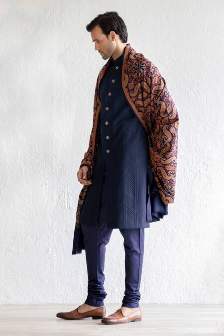 Qbik_Blue Silk, Satin, Embroidery Jnab Sherwani Set And Kashmiri Stole_Online_at_Aza_Fashions
