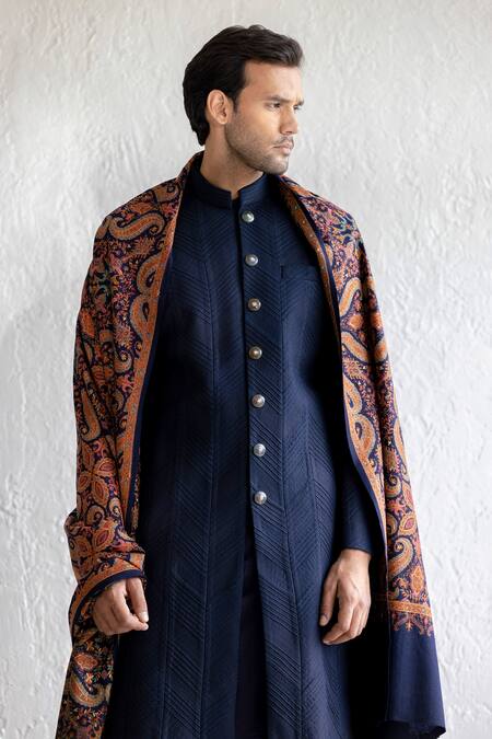 Buy_Qbik_Blue Silk, Satin, Embroidery Jnab Sherwani Set And Kashmiri Stole_Online_at_Aza_Fashions