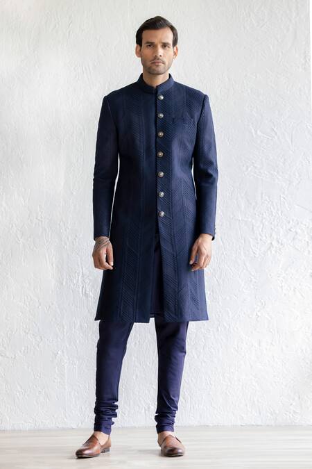 Qbik_Blue Silk, Satin, Embroidery Jnab Sherwani Set And Kashmiri Stole_at_Aza_Fashions
