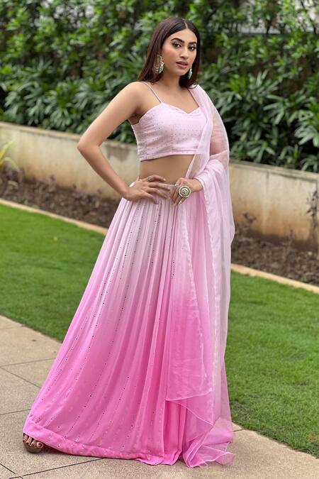 Buy_LABEL AISHWARYRIKA_Pink Georgette Chikankari, Mukaish Sweetheart Neck Embroidered Lehenga Set _Online_at_Aza_Fashions