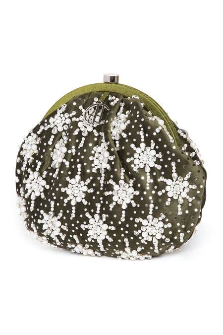 Quirky Tales_Green Embellished Heer Zardozi Pouch_Online_at_Aza_Fashions