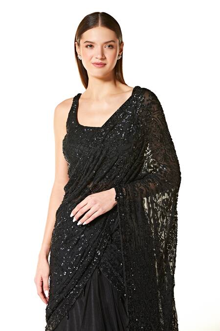 Rabani & Rakha_Black Georgette Beads, Sequins Round Adha Tonal Embroidered Lehenga Saree Set _Online_at_Aza_Fashions