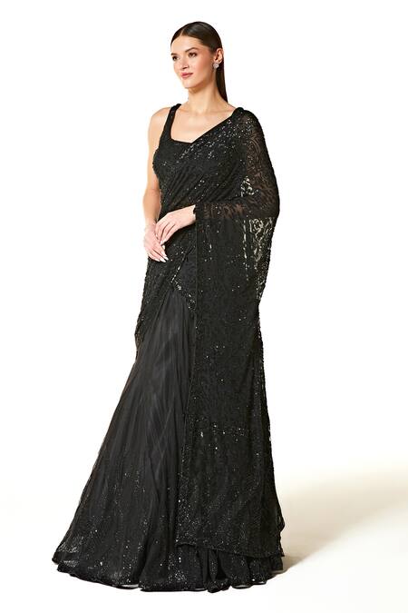 Buy_Rabani & Rakha_Black Georgette Beads, Sequins Round Adha Tonal Embroidered Lehenga Saree Set _Online_at_Aza_Fashions