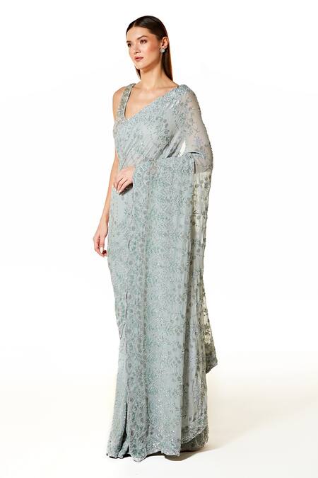 Buy_Rabani & Rakha_Grey Georgette Embroidery, Cut Work Scoop Neck Zaynab Sequin Saree With Blouse _Online_at_Aza_Fashions