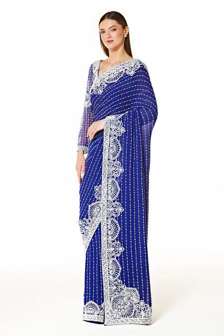 Buy Rabani & Rakha Blue Georgette Pearls, Beads Round Neck Embroidered Saree With Blouse Online at Aza Fashions Buy_Rabani & Rakha_Blue Georgette Pearls, Beads Round Neck Embroidered Saree With Blouse _Online_at_Aza_Fashions