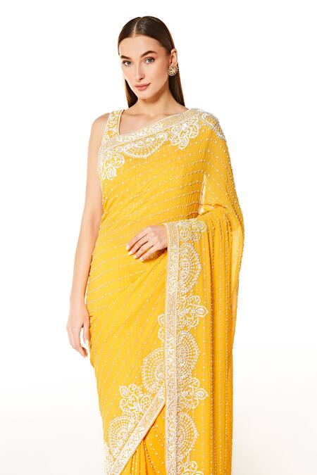 Rabani & Rakha Yellow Georgette Pearls Scoop Neck Zaynab Hand Embroidered Saree With Blouse Online at Aza Fashions Rabani & Rakha_Yellow Georgette Pearls Scoop Neck Zaynab Hand Embroidered Saree With Blouse _Online_at_Aza_Fashions