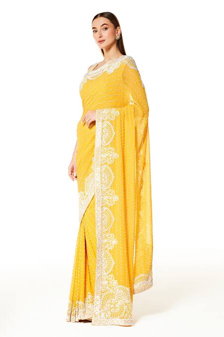Buy Rabani & Rakha Yellow Georgette Pearls Scoop Neck Zaynab Hand Embroidered Saree With Blouse Online at Aza Fashions Buy_Rabani & Rakha_Yellow Georgette Pearls Scoop Neck Zaynab Hand Embroidered Saree With Blouse _Online_at_Aza_Fashions