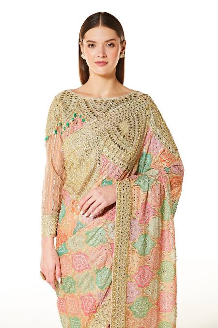 Rabani & Rakha_Multi Color Georgette Sequins, Mirrors, Gota Zaynab Bandhani Saree With Blouse _Online_at_Aza_Fashions