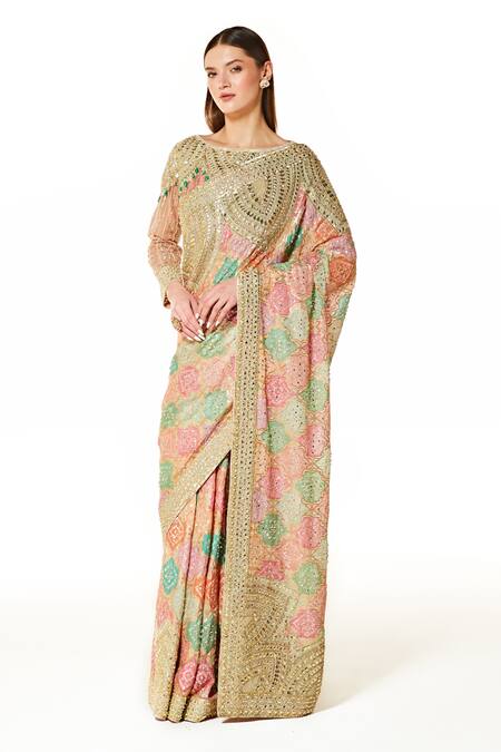 Buy_Rabani & Rakha_Multi Color Georgette Sequins, Mirrors, Gota Zaynab Bandhani Saree With Blouse _Online_at_Aza_Fashions