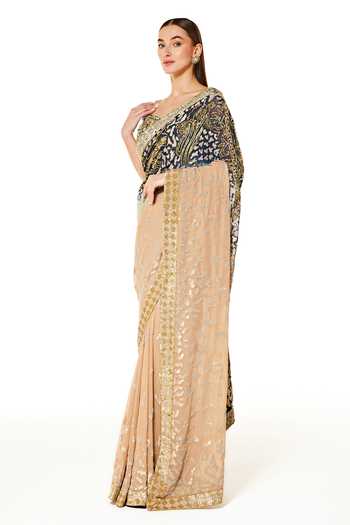 Buy_Rabani & Rakha_Blue Georgette Sequins, Beads Off-shoulder Zaynab Shaded Saree With Blouse _Online_at_Aza_Fashions