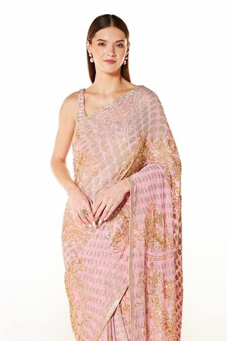 Rabani & Rakha_Pink Georgette Sequins, Cut Work Zaynab Paisley Embroidered Saree With Blouse _Online_at_Aza_Fashions