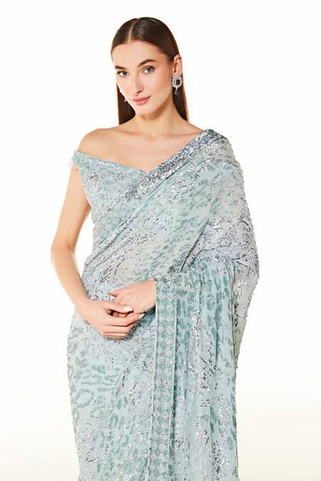 Rabani & Rakha_Silver Georgette Sequins, Cut Work Zaynab Hand Embroidered Saree With Blouse _Online_at_Aza_Fashions