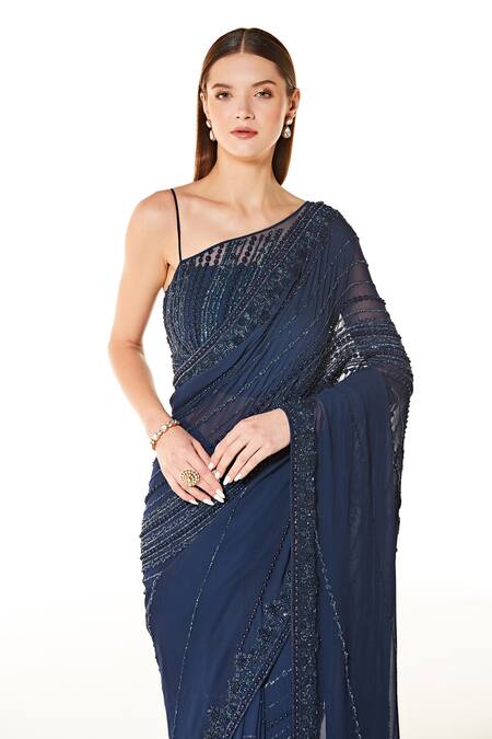 Rabani & Rakha_Blue Georgette Sequins, Cut Work Zaynab Embroidered Saree With Strappy Blouse _Online_at_Aza_Fashions