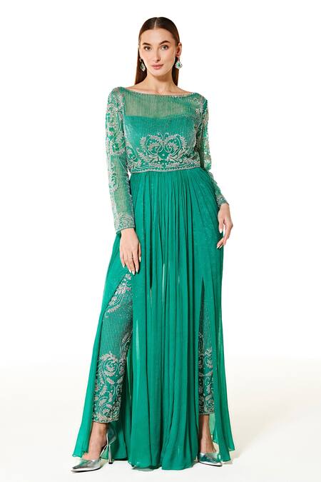 Buy_Rabani & Rakha_Green Chiffon Hand Embroidered Sequins Boat Adah Anarkali And Pant Set  _Online_at_Aza_Fashions