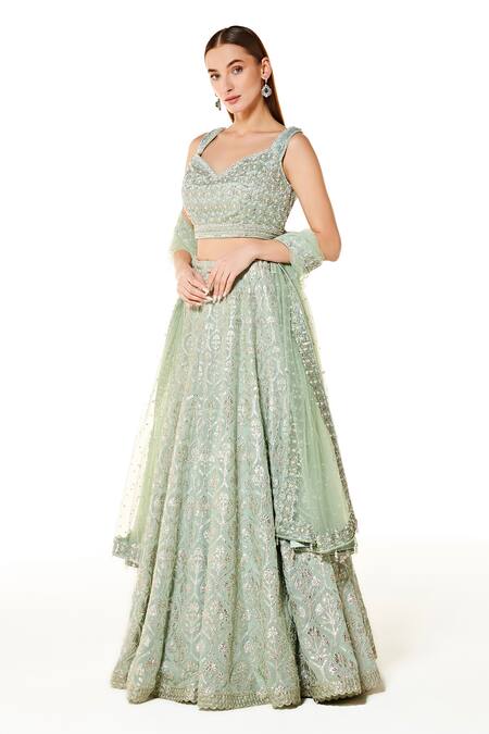 Buy_Rabani & Rakha_Green Georgette Sequins, Nadia Floral Jaal Embroidered Bridal Lehenga Set _Online_at_Aza_Fashions