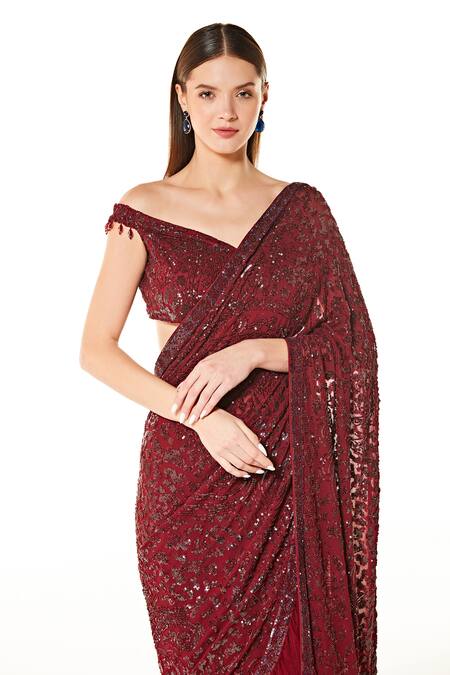 Rabani & Rakha_Maroon Net, Georgette Sequins, Cut Sairaa Embroidered Lehenga Saree With Blouse _Online_at_Aza_Fashions