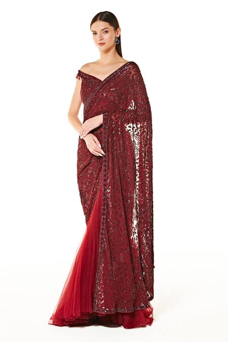 Buy_Rabani & Rakha_Maroon Net, Georgette Sequins, Cut Sairaa Embroidered Lehenga Saree With Blouse _Online_at_Aza_Fashions