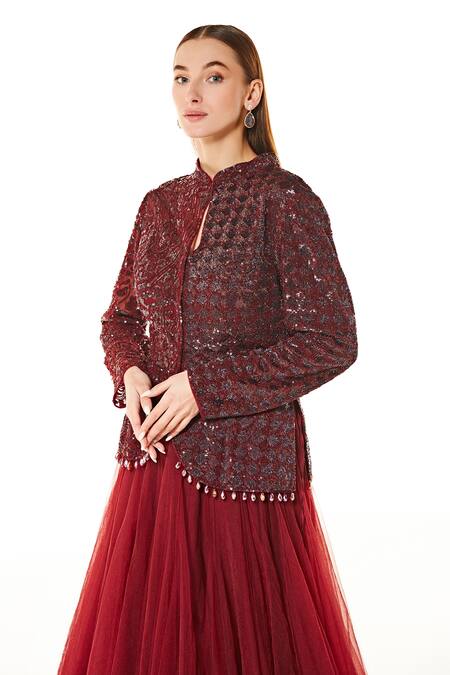Rabani & Rakha Maroon Net Embroidery, Sequins, Cut Work Dahlia Peplum Jacket And Lehenga Set Online at Aza Fashions Rabani & Rakha_Maroon Net Embroidery, Sequins, Cut Work Dahlia Peplum Jacket And Lehenga Set _Online_at_Aza_Fashions