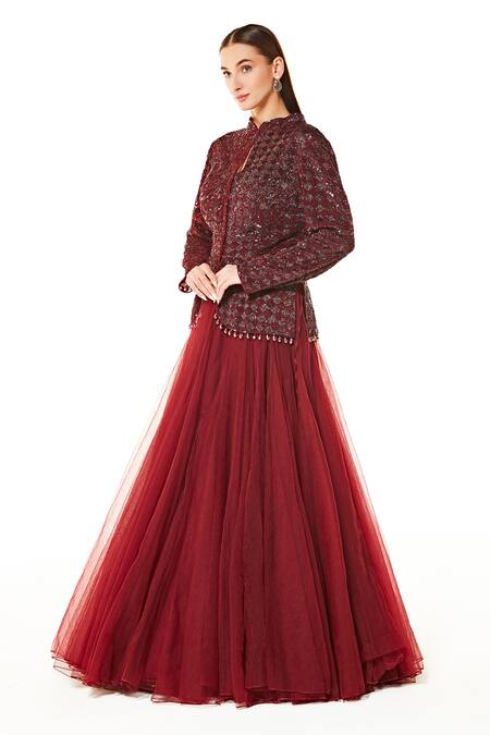 Buy Rabani & Rakha Maroon Net Embroidery, Sequins, Cut Work Dahlia Peplum Jacket And Lehenga Set Online at Aza Fashions Buy_Rabani & Rakha_Maroon Net Embroidery, Sequins, Cut Work Dahlia Peplum Jacket And Lehenga Set _Online_at_Aza_Fashions