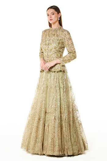 Buy_Rabani & Rakha_Green Net Pearls, Sequins, Cut Work Bandeau Dalia Peplum Jacket And Lehenga Set _Online_at_Aza_Fashions