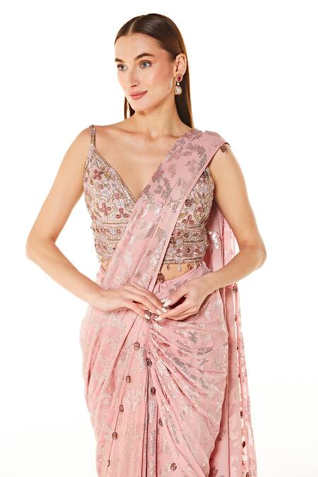 Rabani & Rakha_Pink Georgette Sequins, Cut Work Embroidered Pre-draped Saree With Blouse _Online_at_Aza_Fashions