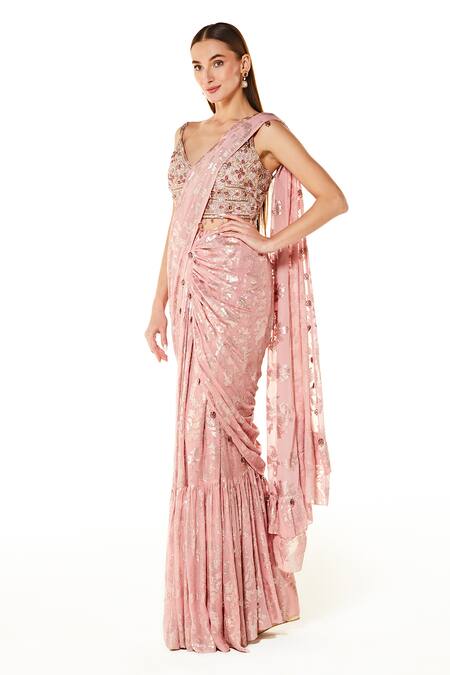 Buy_Rabani & Rakha_Pink Georgette Sequins, Cut Work Embroidered Pre-draped Saree With Blouse _Online_at_Aza_Fashions