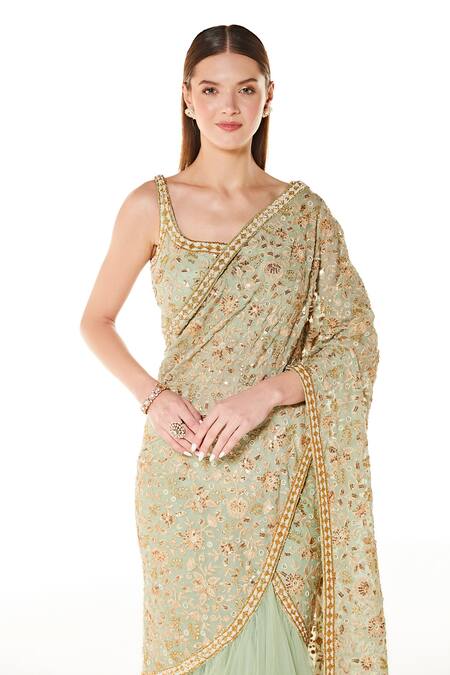 Rabani & Rakha Green Net, Georgette Sequins, Sairaa Embroidered Lehenga Saree With Blouse Online at Aza Fashions Rabani & Rakha_Green Net, Georgette Sequins, Sairaa Embroidered Lehenga Saree With Blouse _Online_at_Aza_Fashions