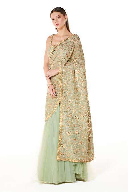 Buy Rabani & Rakha Green Net, Georgette Sequins, Sairaa Embroidered Lehenga Saree With Blouse Online at Aza Fashions Buy_Rabani & Rakha_Green Net, Georgette Sequins, Sairaa Embroidered Lehenga Saree With Blouse _Online_at_Aza_Fashions